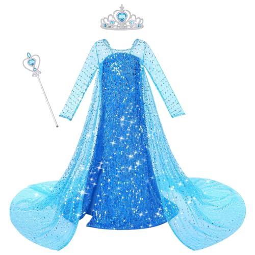 ACWOO ELSA Mädchen Prinzessin Kostüm, Elsa Anna Prinzessin Kleid Prinzessin Kostüm, Elsa Kostüm Mädchen Paillettenschleier mit Krone Zauberstab für Weihnachten Verkleidung Karneval Halloween（140CM） von ACWOO