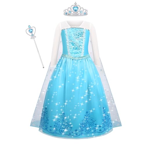 ACWOO Elsa Kostüm Mädchen Abnehmbarer Umhang, Elsa Mädchen Kleid Prinzessin Langarm Falten Pailletten Schneeflocken Kostüm für Weihnachten Verkleidung Karneval Halloween (130CM) von ACWOO