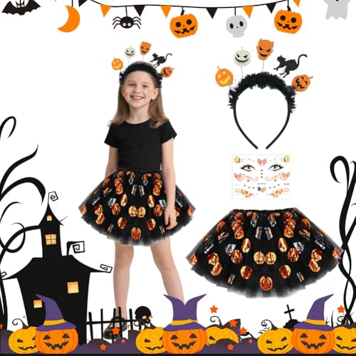 ACWOO Halloween-Kostüm für Mädchen, 3-teilig Halloween Kostüm Kürbis Kostümset mit Stirnband, Tattoo-Sticker, Tüllrock, Kostüm Kinder für Karneval, Party, Halloween, Cosplay von ACWOO
