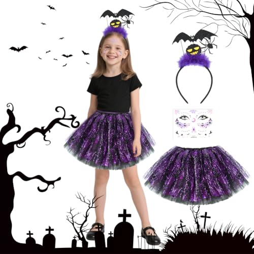 ACWOO Halloween-Kostüm für Mädchen, 3-teilig Halloween Kostüm Lila Spin-nen Kinderrock set mit Stirnband, Tattoo-Sticker, Tüllrock, Kostüm Kinder für Karneval, Party, Halloween, Cosplay von ACWOO