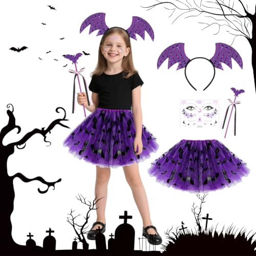 ACWOO Halloween-Kostüm für Mädchen, 4-teilig Halloween Kostüm Fledermaus Kostüm Kinder set mit Stirnband, Tattoo-Sticker, Zepter，Tüllrock, Kostüm Kinder für Karneval, Party, Halloween, Cosplay von ACWOO