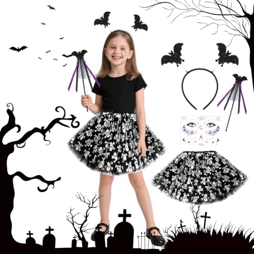 ACWOO Halloween-Kostüm für Mädchen, 4-teilig Halloween Kostüm Silberner Totenkopf Kostüm Kinder set mit Stirnband, Tattoo-Sticker, Zepter Tüllrock, Kostüm Kinder für Karneval, Party, Halloween,Cosplay von ACWOO