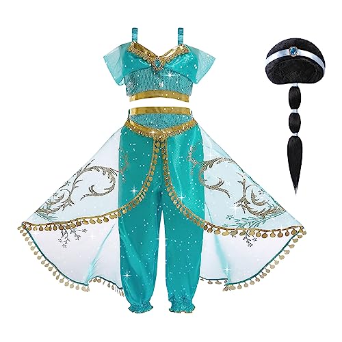 ACWOO Jasmin Prinzessin Kostüm, Prinzessin Kostüm Kleid für Mädchen, Aladdin Tanzen Oberteile und Hosen, mit Perücke und Haarnetz für Cosplay Karneval Halloween Geburtstag Verkleidung (100) von ACWOO