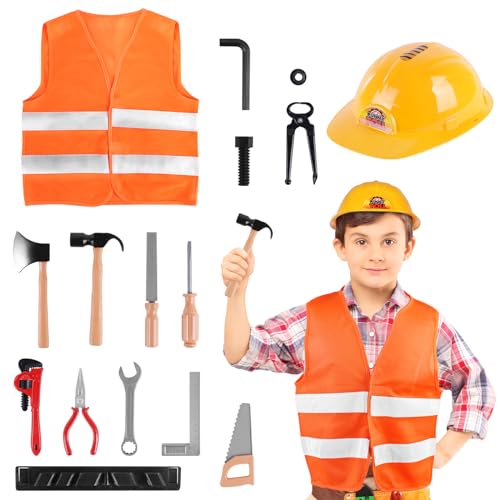 ACWOO Kinder Baumeister Spielset, Kinderspielzeug Werkzeugset, 16-teilig Baumeister Verkleidung mit Werkzeuggürtel, Bauarbeiter-Kostüm für Jungen und Mädchen (3–8 Jahre) von ACWOO
