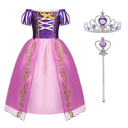 ACWOO Kinder Mädchen Prinzessin Kostüm, Prinzessin Rapunzel Lang Kleid Festkleid Maxikleid mit Diadem Handschuhe Zauberstab usw für Party Cosplay Verkleidung Festlich Karneval von ACWOO