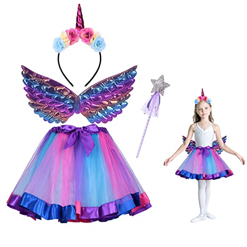 ACWOO Mädchen Einhorn Prinzessin Kleid, Fee Kostüm Mädchen，Tutu Rock Ballettrock, Unicorn Kostüme Kinder mit Einhorn Stirnband Flügel Zauberstab für Halloween Geburtstag Party (3-10 Jahre) (Violett) von ACWOO