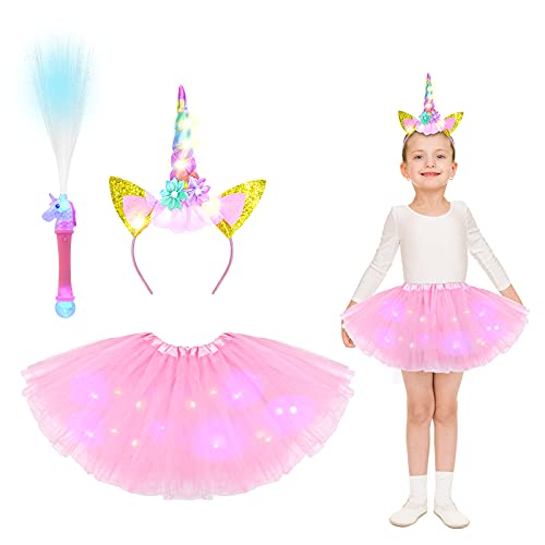 ACWOO Mädchen Einhorn Prinzessin Kleid, Mädchen Tutu Rock LED Ballettrock, Unicorn Cosplay Kostüme Kinder mit Einhorn Stirnband und Leuchtstab für Weihnachten Halloween Geburtstag Party (3-10 Jahre) von ACWOO