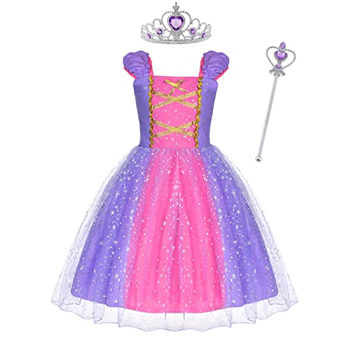 ACWOO Mädchen Prinzessin Kostüm, Rapunzel Lang Kleid Party Cosplay Verkleidung Festlich Karneval Festkleid Maxikleid Geburtstagsfeier mit Krone und Zauberstab von ACWOO