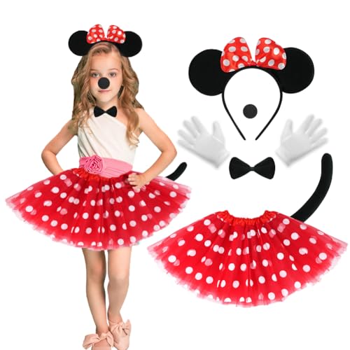 ACWOO Maus Mouse Kostüm, 6-teiliges Set Rot Tutu mit weiß Gepunktet Haarreifen mit Maus Ohren Handschuhe Schwanz Nase für Fasching Karneval Halloween Motto Cosplay Party von ACWOO