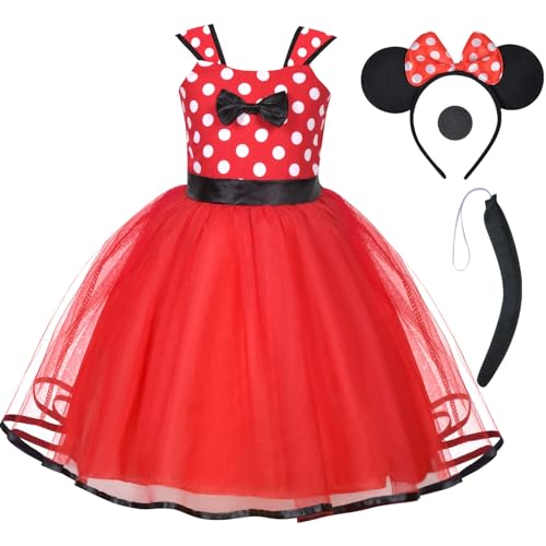 ACWOO Minnie Kostüm für Mädchen Kinder, Polka Dot Geburtstag Kleid mit Maus Ohren Haarreif, Cosplay Kostüm für Halloween Party Verkleidung, Rot (100cm) von ACWOO