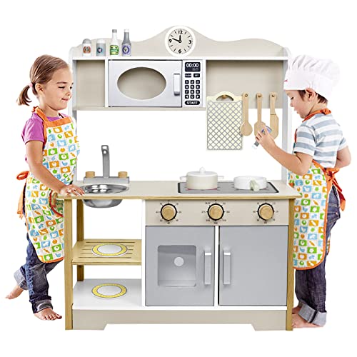 ACXIN Kinderküche Holz Kinder Küche Küchenspielzeug Set mit Kinderküche zubehör, inklusive Zubehör wie Mikrowelle, Backofen, Spüle, Kochutensilien und Gewürzen (68x26x78cm) von ACXIN