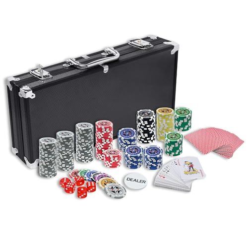 ACXIN Pokersets mit Alu Pokerkoffer, Profi Kartenspiele Zubehör Poker Set inkl. 500x Hochwertigen Laser Pokerchips, 2X Pokerdecks, 5X Würfeln, 3X Dealer Button, 2X Schlüssel (Schwarz) von ACXIN