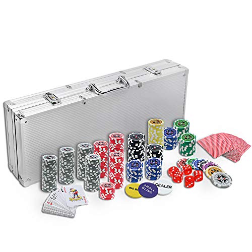 ACXIN Pokersets mit Alu Pokerkoffer, Profi Kartenspiele Zubehör Poker Set inkl. 500x Hochwertigen Laser Pokerchips, 2X Pokerdecks, 5X Würfeln, 3X Dealer Button, 2X Schlüssel (Silber) von ACXIN