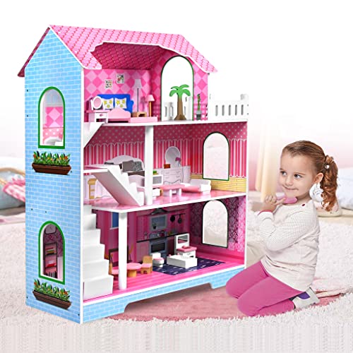 ACXIN Puppenhaus Holz Dollhouse Barbie Haus Große Spielset Barbie Puppenhaus DIY Puppenhaus Playmobil Haus Puppenvilla mit Möbel und Zubehör, Spielzeug für Mädchen und Jungen von ACXIN