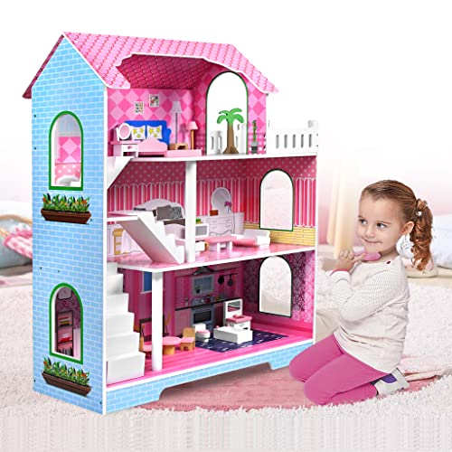ACXIN Puppenhaus Holz Dollhouse Barbie Haus Große Spielset DIY Playmobil Puppenvilla Mit Möbel Und Zubehör, Spielzeug Für Mädchen Und Jungen von ACXIN
