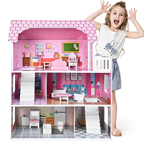 ACXIN Puppenhaus Holz Puppenvilla Dollhouse Kinder Puppenhaus mit Möbeln und Zubehör Dollhouse 3 Etagen Barbyhaus Leicht zu Montieren, Sicher und Umweltfreundlich (60x24x70cm) von ACXIN