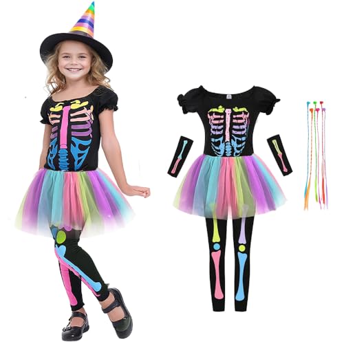 ADDLIVE Bunt Skelett Kostüm Kinder, Halloween Kostüm Mädchen, Halloween Skelett Kos-tüm, Ske-lett Kos-tüm Kinder Mädchen mit 6 Bunten Zöpfen, für Hallo-ween Karneval und Karneval Cosplay von ADDLIVE