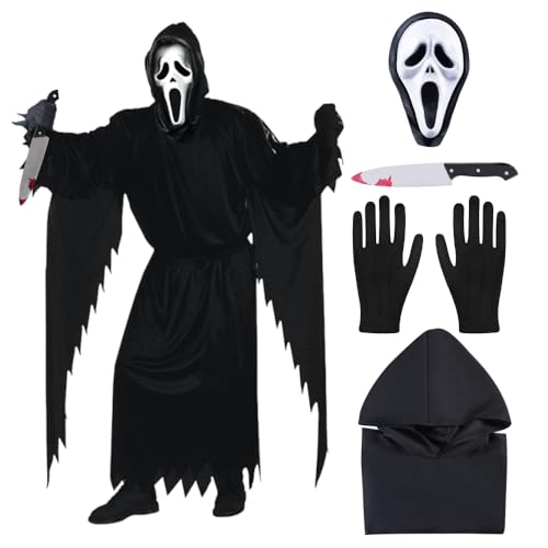 ADDLIVE Ghostface Kostüm Scream Kostüm Halloween Kostüme mit schwarzem Umhang Scream Maske Halloween Handschuhe Blutiges Requisitenmesser Gürtel Hallo-ween Dekorationen für Halloween Karneval von ADDLIVE