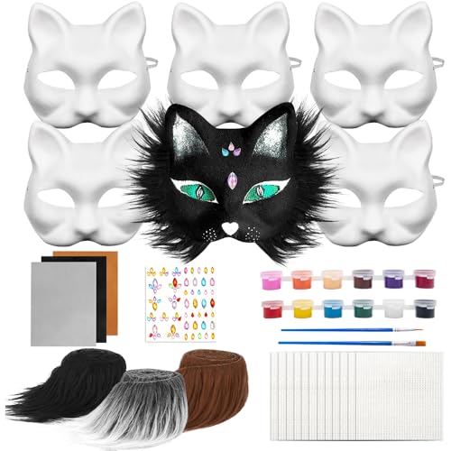 ADDLIVE Katzenmaske, 39 Stück, Therian-Maske, pelzige Ma-Sk, Katzen-Masken zum Dekorieren, Therian-Ausrüstung enthält 6 Ca-t-Ma-Sks, 12 Netz-Bildschirme, 1 Edelstein-Aufkleber, 3 Filz, 3 Filztücher von ADDLIVE