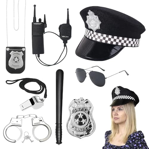 ADDLIVE Polizei-Kostüm für Erwachsene, 8-teiliges Polizei-Kostüm-Zubehör-Set mit Polizeikappe, Handschellen, Pfeifen, Pager, Schlagstock, Etikett, Polizeiabzeichen, Sonnenbrille für Polizisten von ADDLIVE