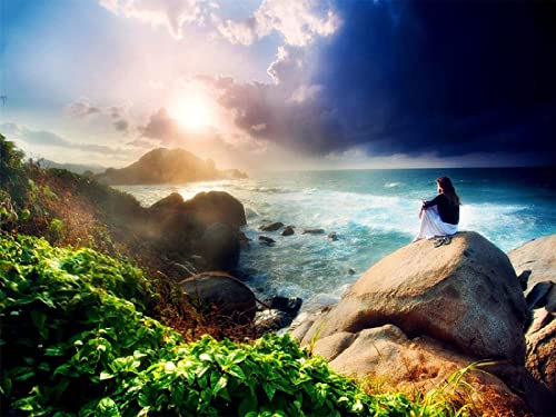 1000 Pieces Jigsaw Puzzles,Girl Sitting on a Rock by The Sea DIY Picturepaper Quality,Decoration for The Home26x38cmSCd262 von ADEIK