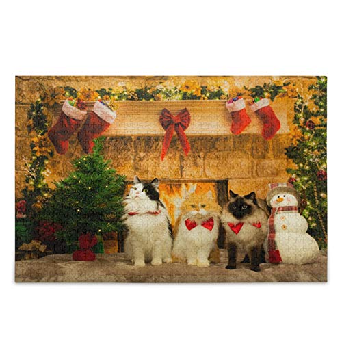 Christmas Cats Photo Jigsaw Puzzle Xmas Tree Socks Fireplace 1000 Pieces Puzzles Educational Intellectual Decompressing Fun Game for Kids Adult Home Wall Decor38x52cmKv502 von ADEIK