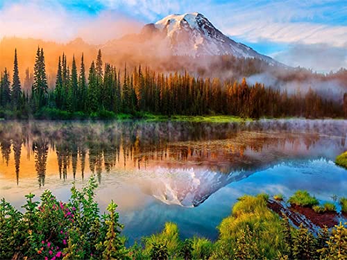 Puzzle Jigsaw 1000 Piece Mirror Like Surface of The Lake Trees Fog Mountain Puzzles Educational Toys for Adult Birthday Gift Home Decoration50x70cmSCd429 von ADEIK
