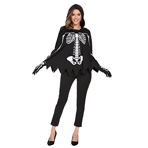 2023 Halloween Elegant Y2*K Frauen Paar Skelett Mode Cosplay Kostüm Lustig Skelett Kleidung Kostüme Halloween Set Jack Frost Hoodie Aufstieg der Wächter Cosplay Kostüm (Schwarz, L) von ADMAY