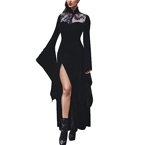 2023 Halloween Elegant Y26K Damen Split Kleid Solide Spitze mit Hohlwand und Gut Superhelden Spinne Kostüm Spandex Overall Halloween Cosplay Kostüme (Black, L) von ADMAY