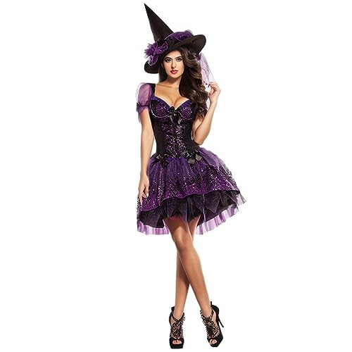 ADMAY 2023 Halloween Elegant Y22K Halloween Thema Maskerade Hexe Cosplay Kostüm Lila und Schwarz Farbe Kleid Kurzarm Katze Cosplay Kostüm Kätzchen (Lila, L) von ADMAY