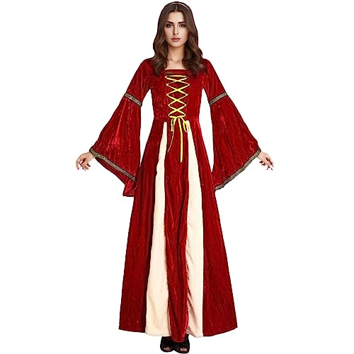 ADMAY 2023 Halloween Elegant Y25K Frauen Retro Europäische Mittelalter Kostüm Kleid Schnürung Kurz Lang Halloween Kostüm Erwachsene Szene Performance Kostüm Mädchen Cosplay Kostüm (Red, M) von ADMAY