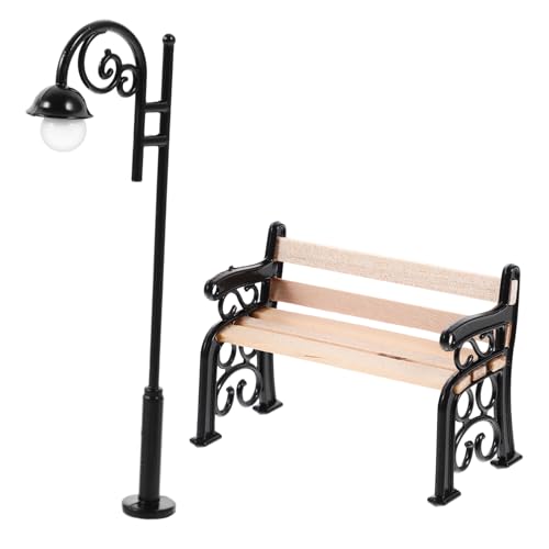 ADOCARN 1 Satz Parkbank Set Miniatur Puppe Parkstuhl Modell Mini-Gartenbank Modell Straßenlaterne winziges Bankdekor Mini Laternenpfahl Mini -Bank Mini-Möbelverzierung Mini Möbel Metall von ADOCARN