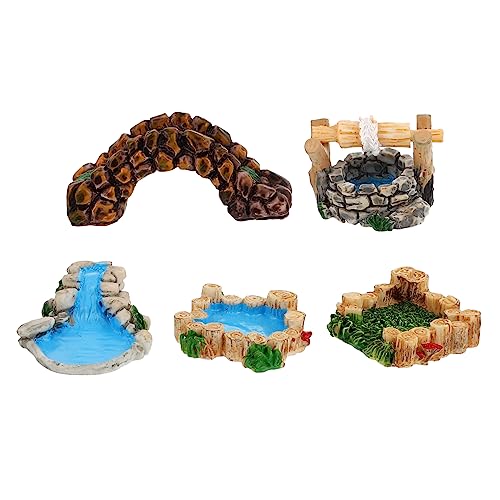 ADOCARN 5 Stück Teiliges Miniatur Resin Vintage Landschafts Dekoration mit Brücke Wasserfall Teich Holzpflock und Stein für Garten DIY Mikro Landschaft Lebendige Miniatur Ornamente von ADOCARN