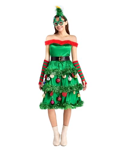ADOMI 7-teiliges Weihnachtsbaumkleid-Elfen-Kostüm-Set für Damen, Urlaub, Party, lustiges grünes Outfit, Weihnachten für Erwachsene von ADOMI
