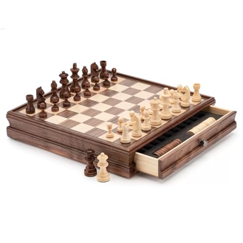 Handgefertigtes Schachspiel aus Holz, Schachbrett mit Schublade und tragbaren Brettspielen for Erwachsene und Kinder, Schachfiguren-Aufbewahrungsfächer von ADovz