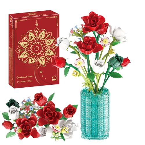 AECHO Blumenstrauß Rosen, Bausteine Blumen Rosen mit Vase, Rosen Blumen Bausatz Set 1022pcs, Kunstblumen als Home und Zimmer Deko, Geschenk für Partner, Freundin oder Freund von AECHO
