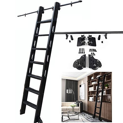AEGCAOJH Schiebetür-Bausatz für Scheunen, Bibliotheksleiter, komplettes Hardware-Rollschienenset (ohne Leiter), mit Bodenrollen, Rundrohr, Mobile Leiterschienen, Verlängerungsschiene/-schie von AEGCAOJH
