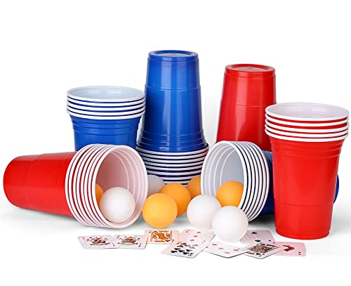 AEIWUMOK Beer Pong Becher,(50 Beerpong Becher 10 Bällen) Bierpong Becher Set,480ml Beerpongbecher mit Bällen,Partybecher 25 Rot und 25 Blau 16.23oZ,mehrwegbecher Für Party Trinkspiele - Groß von AEIWUMOK