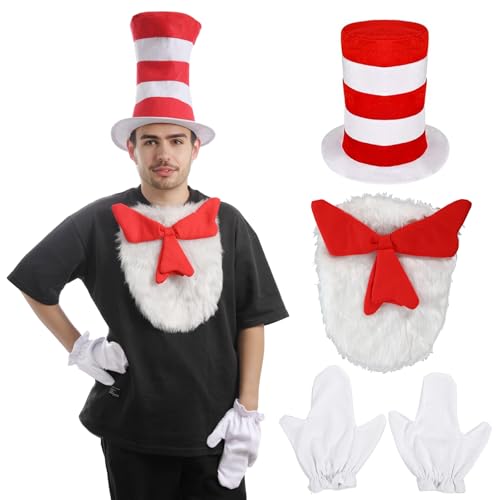 AENEY 3-teiliges Katzenkostüm mit Hut für Erwachsene, gestreiftes rotes Hut-Handschuh-Fliege-Accessoire, verrücktes Katzen-Cosplay-Outfit für das Welttag des Buches-Kostüm AENEY 3-teiliges Katzenkostüm mit Hut für Erwachsene, gestreiftes rotes Hut-Handschuh-Fliege-Accessoire, verrücktes Katzen-Cosplay-Outfit für das Welttag des Buches-Kostüm von AENEY