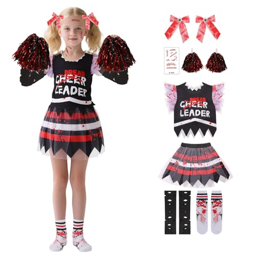 AENEY 4PCS Zombie-Cheerleader-Kostüm für Mädchen (Red, Small -120) von AENEY