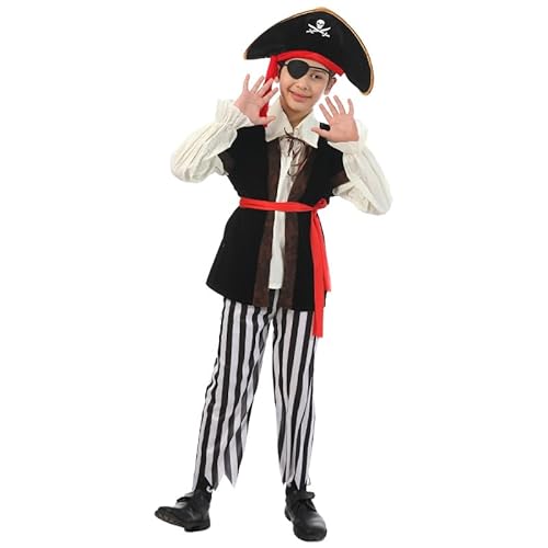 AENEY 5-teiliges Jack-Piratenkostüm für Kinder, Jungen, Kapitän-Piraten-Outfit-Zubehör mit Huthose, Halloween-Verkleidung für Kinder (Medium-120) von AENEY