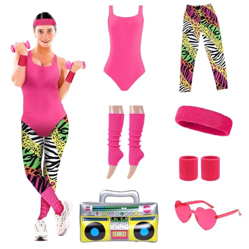 AENEY 80er-/90er-Jahre-Trainingskostüm für Damen, 7-teiliges Kostüm, Neon-Trikot, Party-Zubehör, Retro-Hippie-Kostüm-Set für Damen, Rosarot, Größe M AENEY 80er-/90er-Jahre-Trainingskostüm für Damen, 7-teiliges Kostüm, Neon-Trikot, Party-Zubehör, Retro-Hippie-Kostüm-Set für Damen, Rosarot, Größe M von AENEY