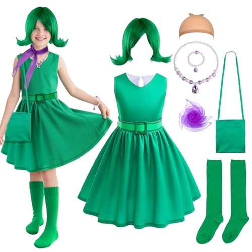 AENEY 9-teiliges Disgust Ekel-Kostüm für Kinder und Mädchen, grünes Prinzessinnenkleid mit Perücke, Schal, Halskette und Strumpf, Halloween-Party, Cosplay-Requisiten (Medium, 4-5 Years) von AENEY
