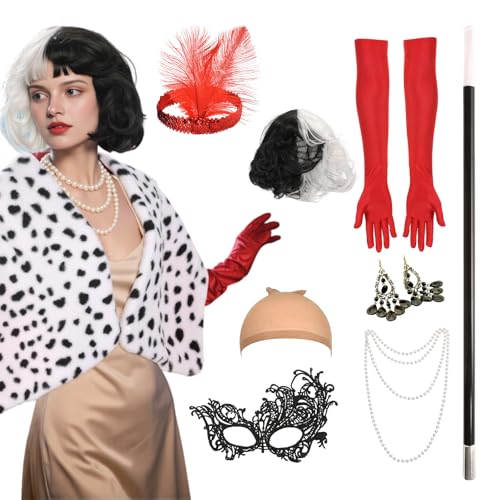 AENEY 9-teiliges Teufelskostüm für Damen, 101 Dalmatiner-Schal mit Perücke, Umhang, Requisiten, ausgefallene Halloween-Bösewicht-Cosplay-Outfits AENEY 9-teiliges Teufelskostüm für Damen, 101 Dalmatiner-Schal mit Perücke, Umhang, Requisiten, ausgefallene Halloween-Bösewicht-Cosplay-Outfits von AENEY