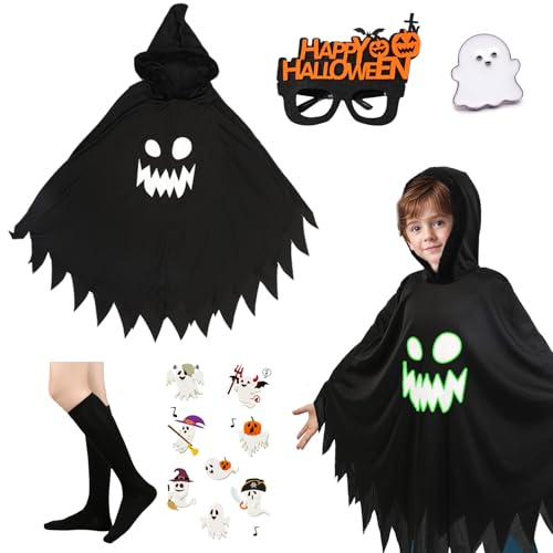 AENEY Geistergesichtsumhang für Kleinkinder, 3-teiliger leuchtender Ghostface-Umhang mit süßem Abzeichen-Aufkleber, Kapuzenponcho für Jungen und Mädchen für Halloween (Black, Large) von AENEY