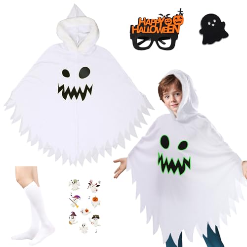 AENEY Geistergesichtsumhang für Kleinkinder, 3-teiliger leuchtender Ghostface-Umhang mit süßem Abzeichen-Aufkleber, Kapuzenponcho für Jungen und Mädchen für Halloween (White, Medium) von AENEY