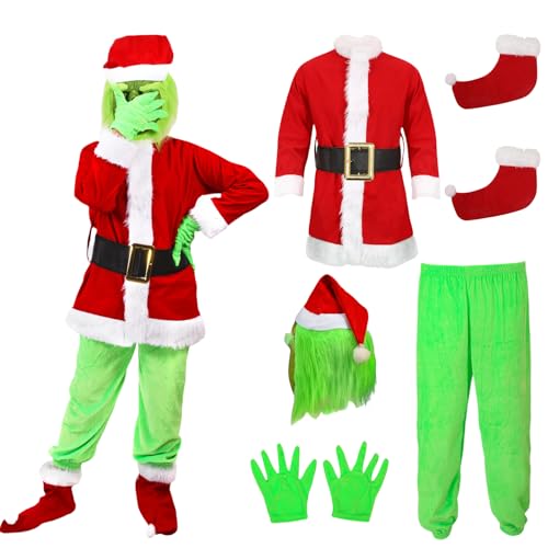 Grünes Monster Kostüm Kinder, 6 Stück Grünes Monster Weihnachtsmann Kostün Anzug Weihnachtskostüm Cosplay Party Faschingskostüme Für Jungen Mädchen (6 Pack, S) von AENEY