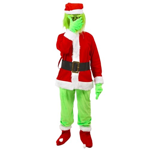 AENEY Grünes Monster-Kostüm für Kinder, 6 Stück, Weihnachtsmonster, Weihnachtsmann, Fellmaske, Outfit, Handschuhe, Hut, Deluxe-Weihnachts-Kostüm, Party, Cosplay-Anzug (Größe M) von AENEY