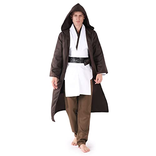 AENEY Jedi Kostüm für Erwachsene Tunika mit Kapuze mittelalterliches Kostüm Halloween Cosplay Party Kostüm komplettes Set, braun (Large,180cm) von AENEY