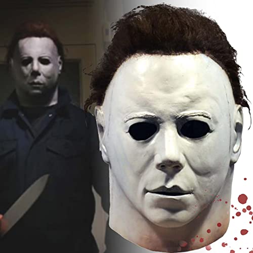 AENEY Michael Myers Maske, Latex Halloween Scary Cosplay Requisiten, Horror White Face Vollkopfmaske mit Haaren von AENEY